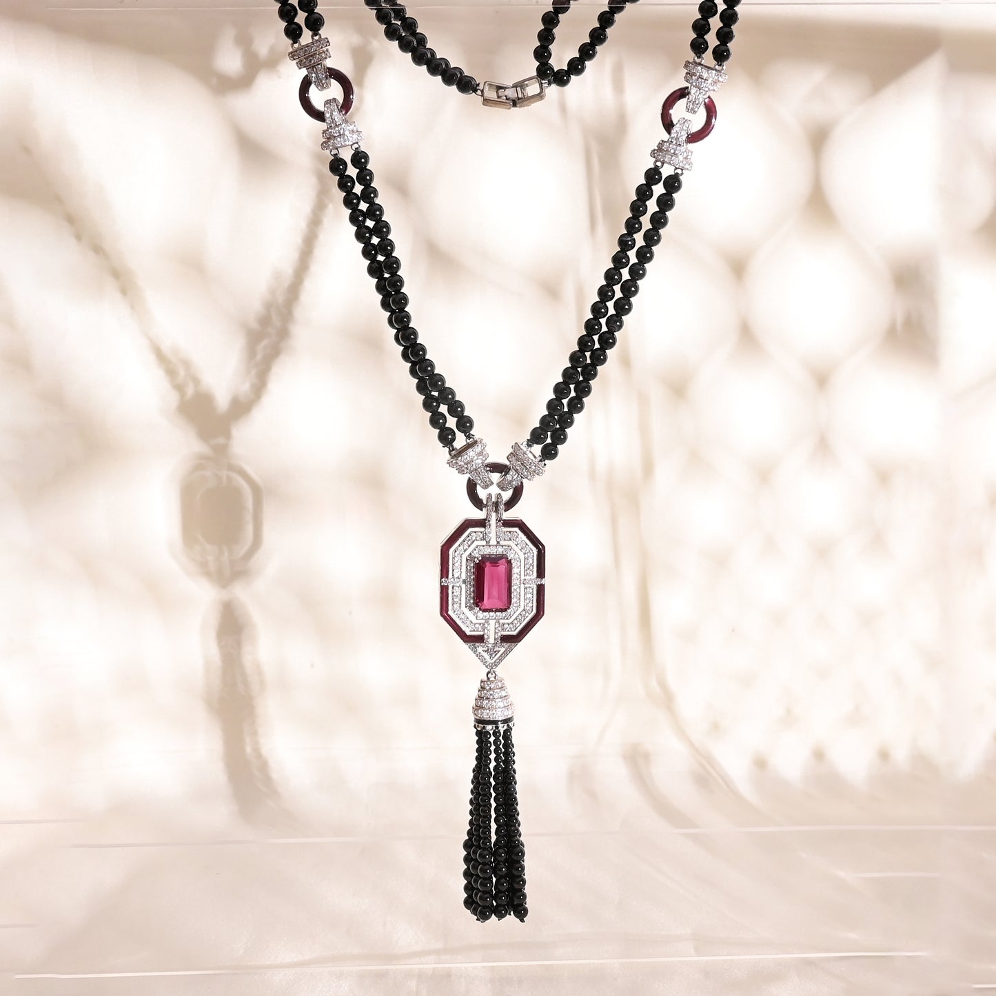 Art Deco 925 Silver Necklace & Earrings Set with Rhodolite Doublet, Enamel & Black Bead Tassels – Statement Jewelry