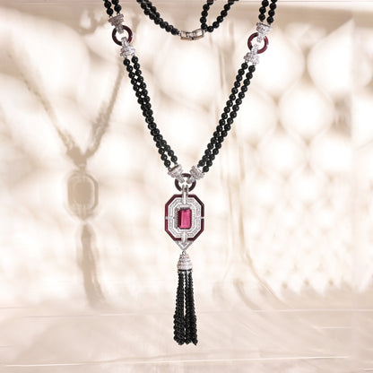 Art Deco 925 Silver Necklace & Earrings Set with Rhodolite Doublet, Enamel & Black Bead Tassels – Statement Jewelry