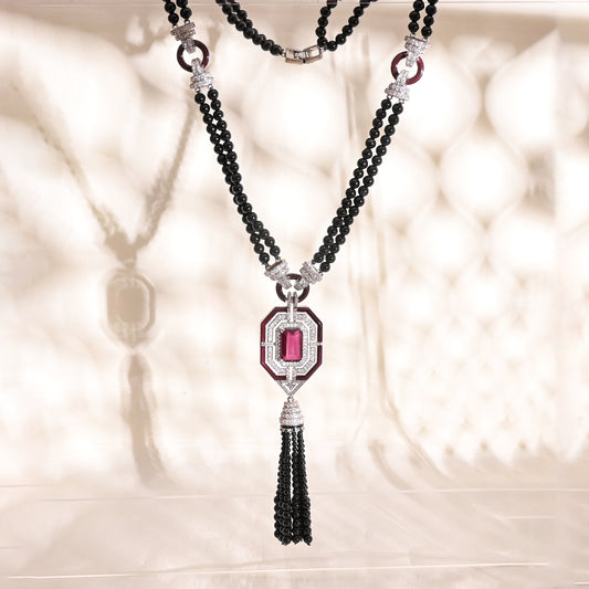 Art Deco 925 Silver Necklace & Earrings Set with Rhodolite Doublet, Enamel & Black Bead Tassels – Statement Jewelry