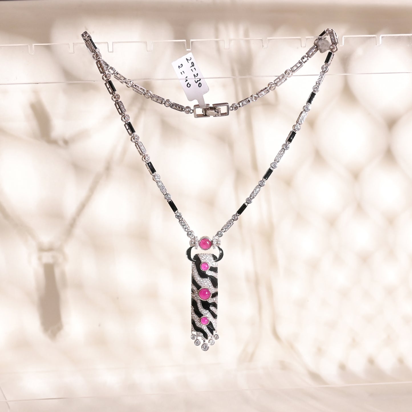 925 Silver Black Enamel Necklace with Pink Tourmaline Hydro & CZ – Vintage-Inspired Statement Jewelry