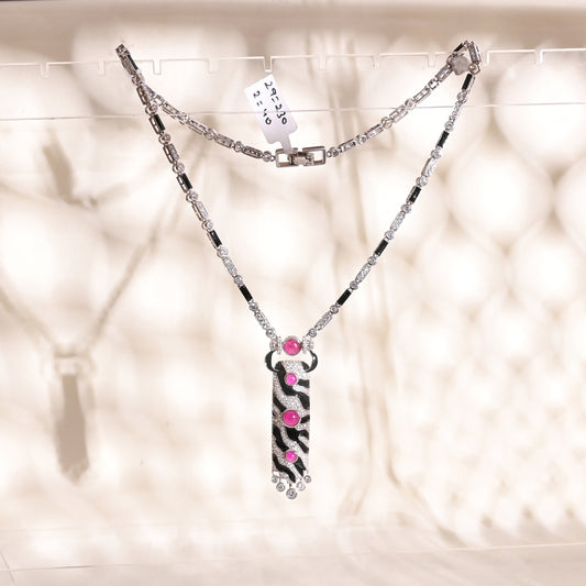925 Silver Black Enamel Necklace with Pink Tourmaline Hydro & CZ – Vintage-Inspired Statement Jewelry