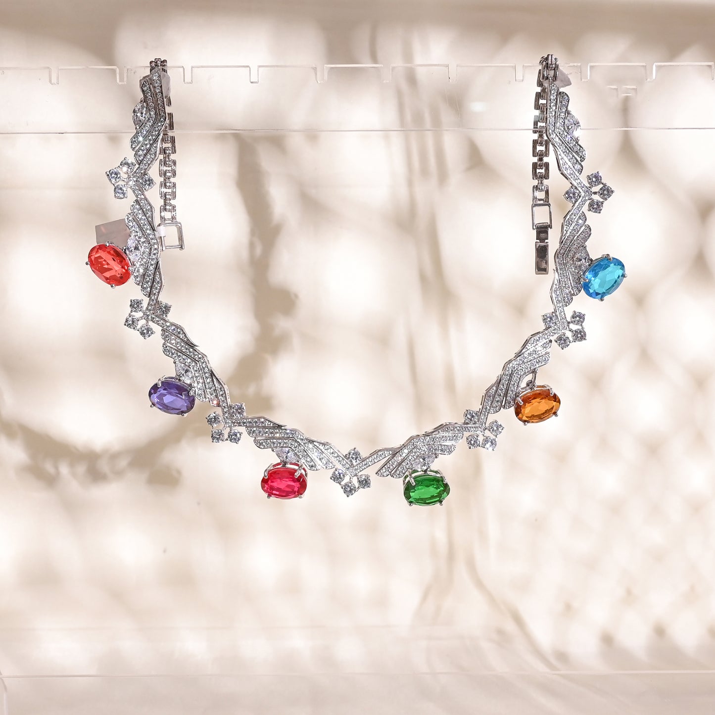 925 Silver Necklace with Multi Colour Hydro Gemstones & CZ – Statement Party Wear Jewelry