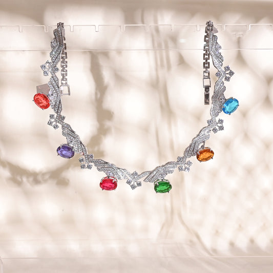 925 Silver Necklace with Multi Colour Hydro Gemstones & CZ – Statement Party Wear Jewelry