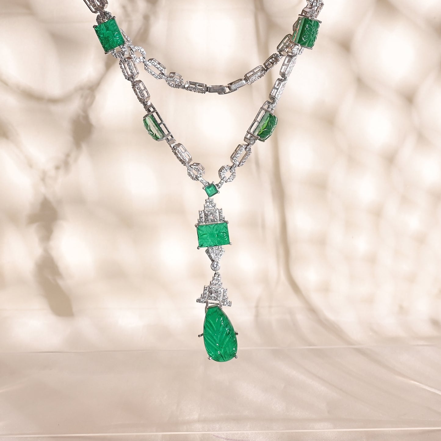 925 Silver Carved Emerald Doublet Necklace with CZ Accents – Luxury Statement Pendant Jewelry