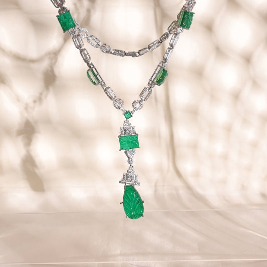925 Silver Carved Emerald Doublet Necklace with CZ Accents – Luxury Statement Pendant Jewelry