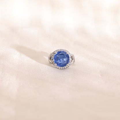 Elegant 925 Silver Ring with Blue Sapphire Doublet & CZ Halo – Statement Cocktail Jewelry