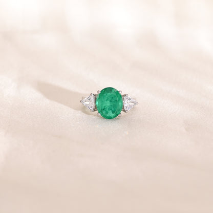 925 Silver Emerald and White CZ Three-Stone Ring | Sterling Silver Green Gemstone Engagement Ring | Elegant Statement Jewelry