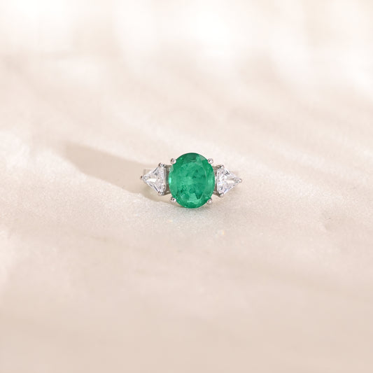 925 Silver Emerald and White CZ Three-Stone Ring | Sterling Silver Green Gemstone Engagement Ring | Elegant Statement Jewelry