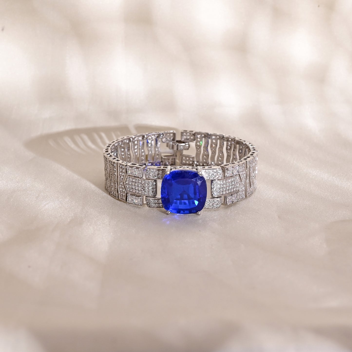Elegant 925 Silver Bracelet with Cushion Cut Blue Sapphire Doublet & CZ Accents – Statement Jewelry for Women