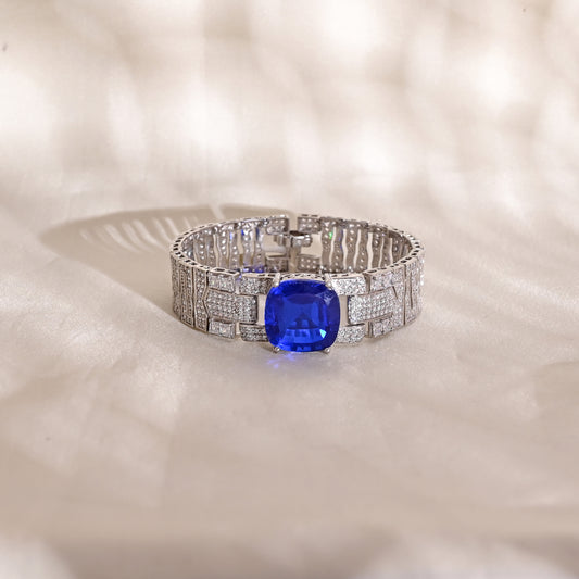 Elegant 925 Silver Bracelet with Cushion Cut Blue Sapphire Doublet & CZ Accents – Statement Jewelry for Women