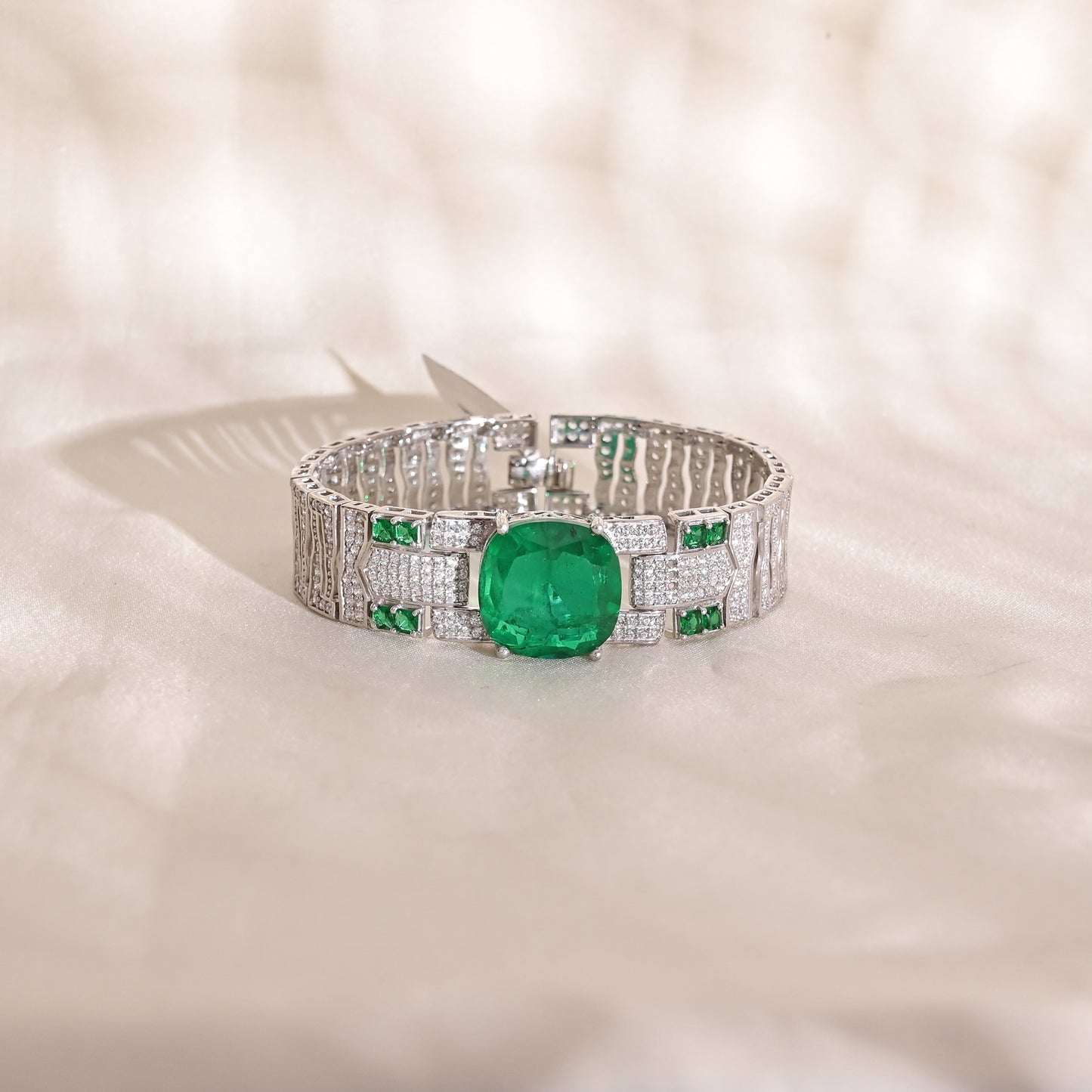 925 Silver Cushion Cut Emerald Doublet Bracelet with CZ Accents – Luxury Statement Jewelry for Women