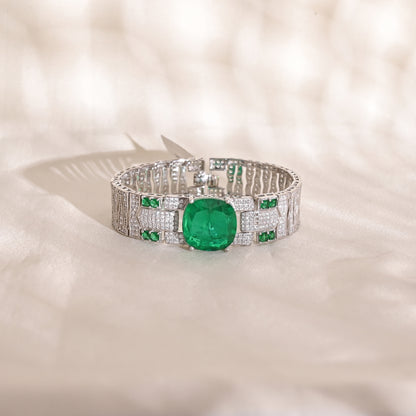 925 Silver Cushion Cut Emerald Doublet Bracelet with CZ Accents – Luxury Statement Jewelry for Women