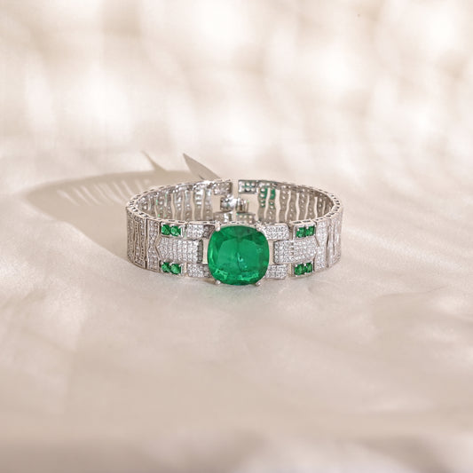 925 Silver Cushion Cut Emerald Doublet Bracelet with CZ Accents – Luxury Statement Jewelry for Women