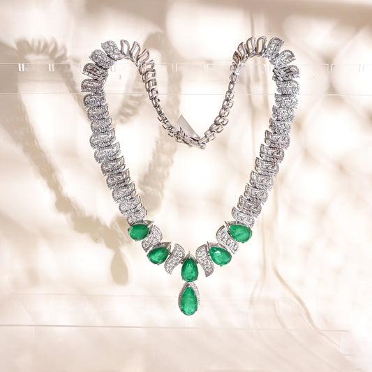 925 Silver Emerald Doublet Necklace and Earring Set with CZ Accents – Luxury Bridal Statement Jewelry