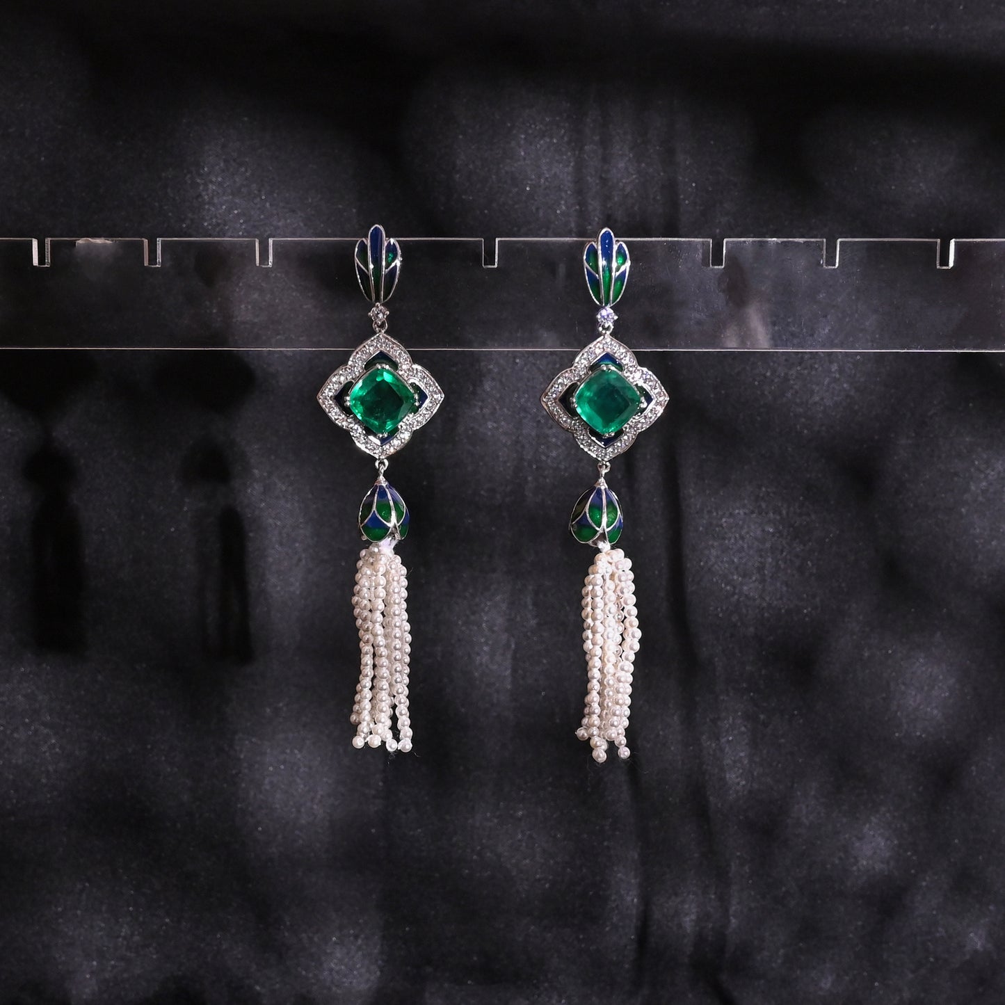 925 Silver Earrings with Emerald Doublet, Enamel & Pearl Tassels – Statement Vintage Jewelry