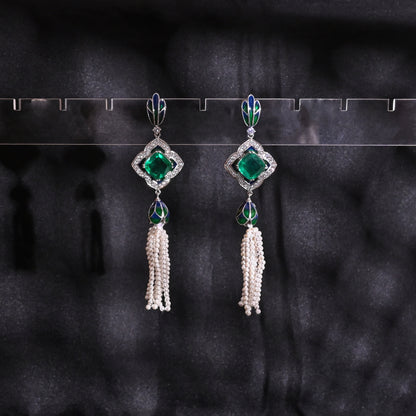 925 Silver Earrings with Emerald Doublet, Enamel & Pearl Tassels – Statement Vintage Jewelry