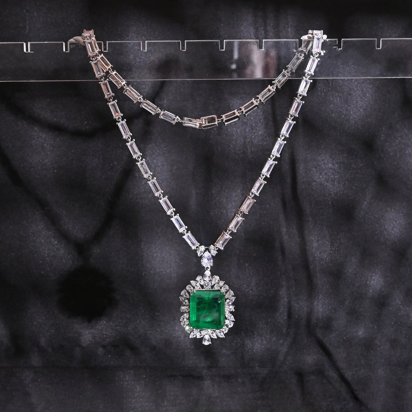 925 Silver Emerald Cut Green Emerald Pendant Necklace with CZ Halo | Elegant Bridal Statement Jewelry | Fine Gift for Women