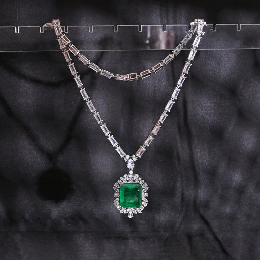 925 Silver Emerald Cut Green Emerald Pendant Necklace with CZ Halo | Elegant Bridal Statement Jewelry | Fine Gift for Women