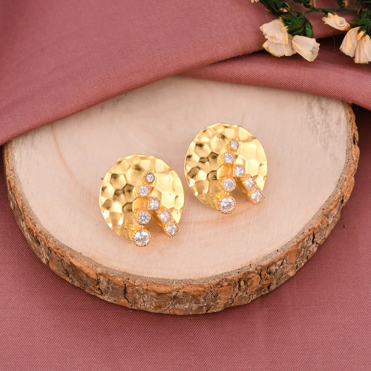 Hammered Gold Texture Brass Stud Earrings | 18K Gold Plated