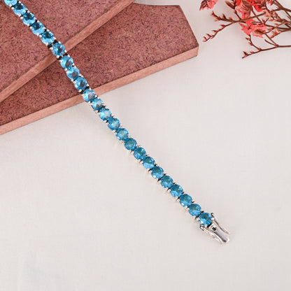 925 Sterling Silver Round Tennis Bracelet | Dainty Blue Crystal Stackable Jewelry