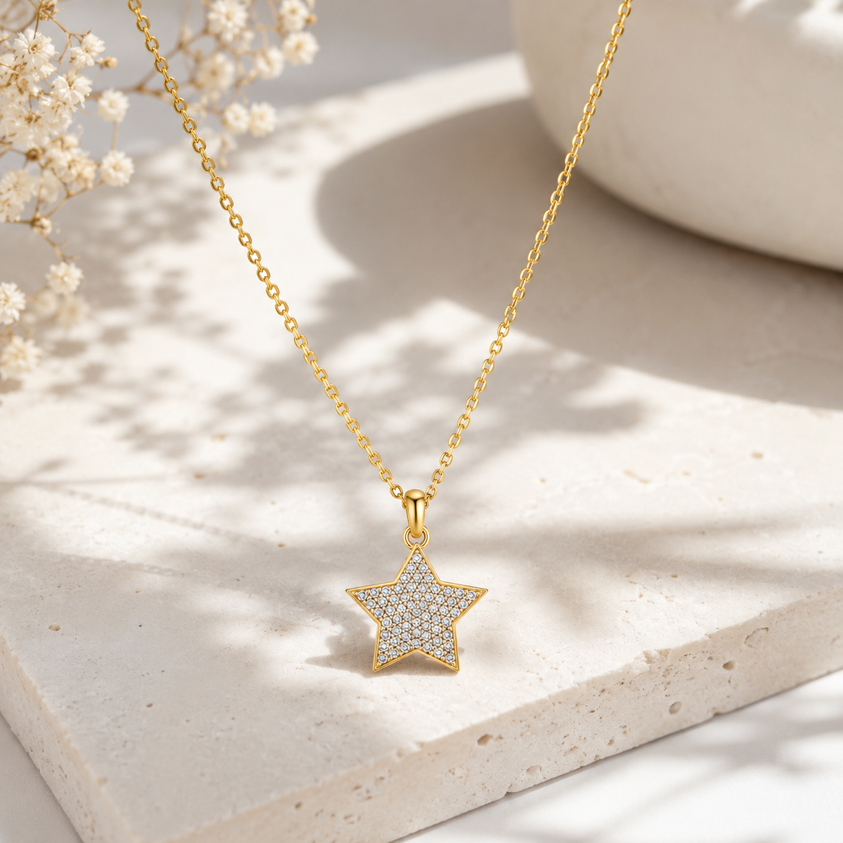 Pavé Crystal Star Pendant Necklace – Gold Tone Dainty Celestial Necklace for Women