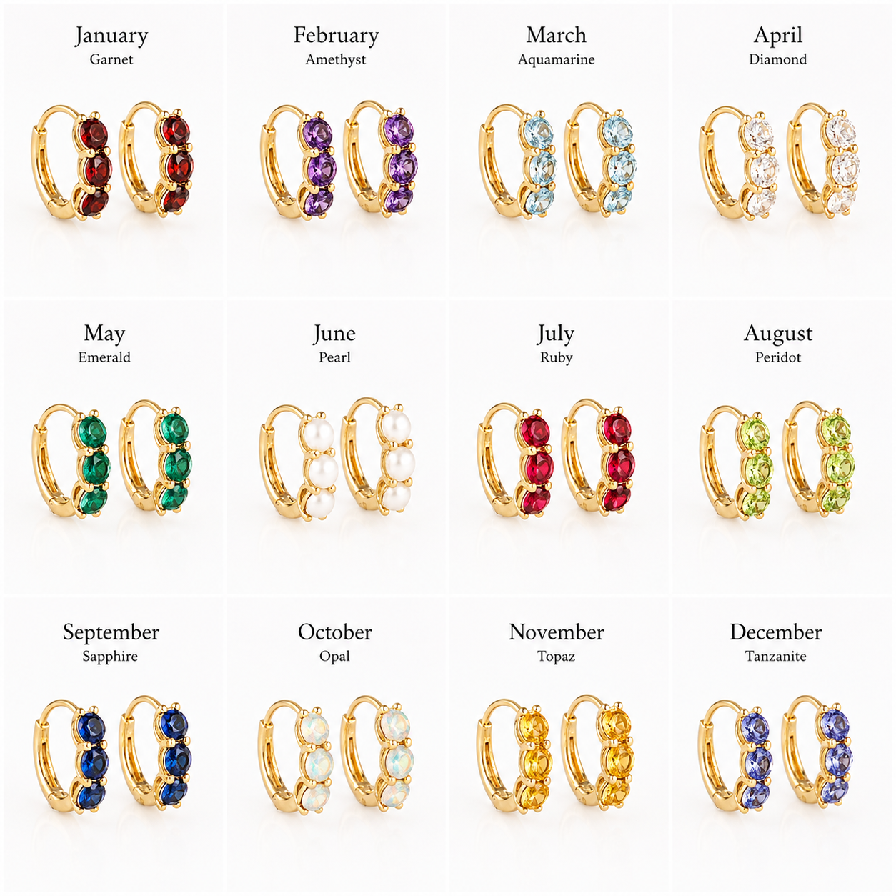 A 12-grid jewelry chart showing gold huggie hoop earrings with gemstone rows labeled by month and gem name. The earrings include garnet, amethyst, aquamarine, diamond, emerald, pearl, ruby, peridot, sapphire, opal, topaz, and tanzanite in gold-tone settings.