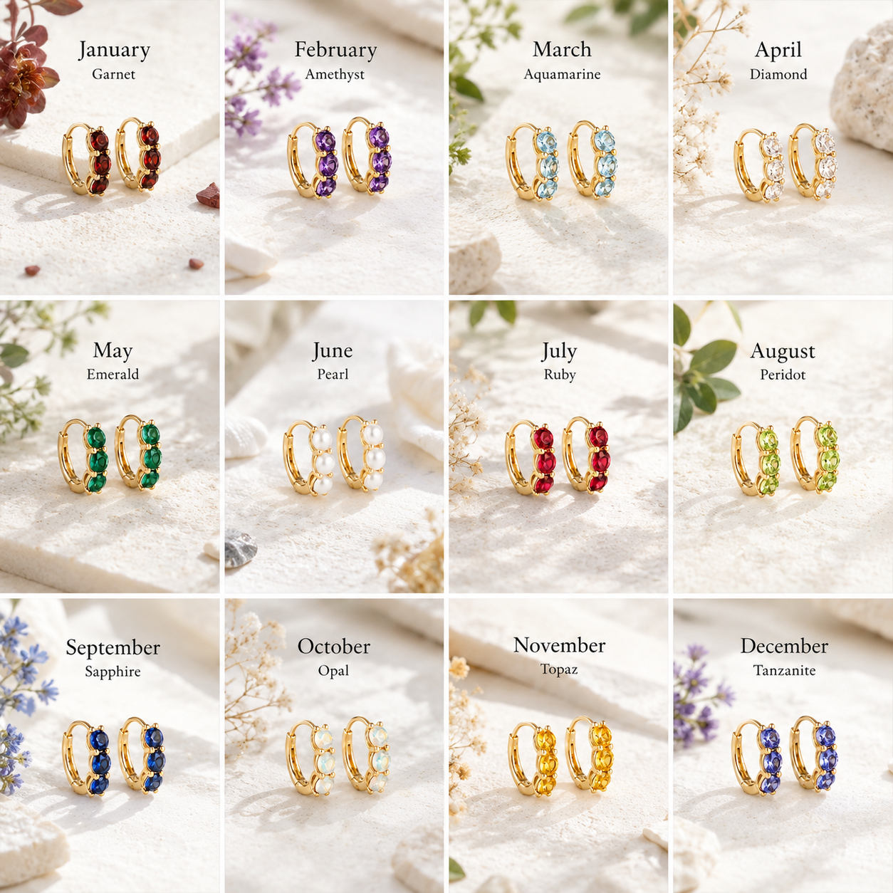 A 12-panel grid showing gold hoop earrings with different colored stones, labeled by month and gemstone name: garnet, amethyst, aquamarine, diamond, emerald, pearl, ruby, peridot, sapphire, opal, tophaz, and tanzant. Each panel shows the earrings styled on a soft cream fabric with small floral props.