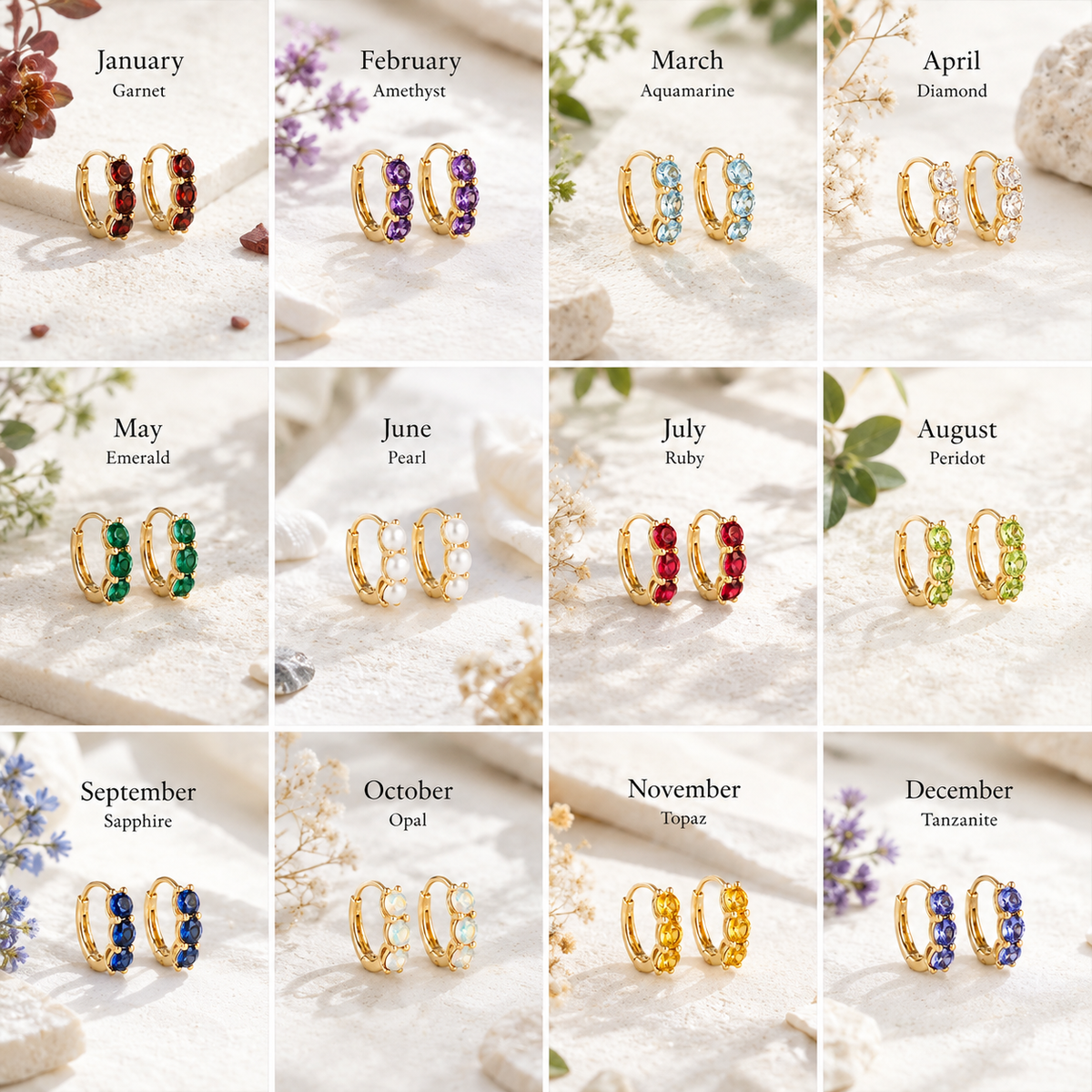 A 12-panel grid showing gold hoop earrings with different colored stones, labeled by month and gemstone name: garnet, amethyst, aquamarine, diamond, emerald, pearl, ruby, peridot, sapphire, opal, tophaz, and tanzant. Each panel shows the earrings styled on a soft cream fabric with small floral props.