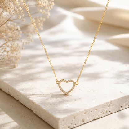 Gold Plated Crystal Open Heart Pendant Necklace for Women