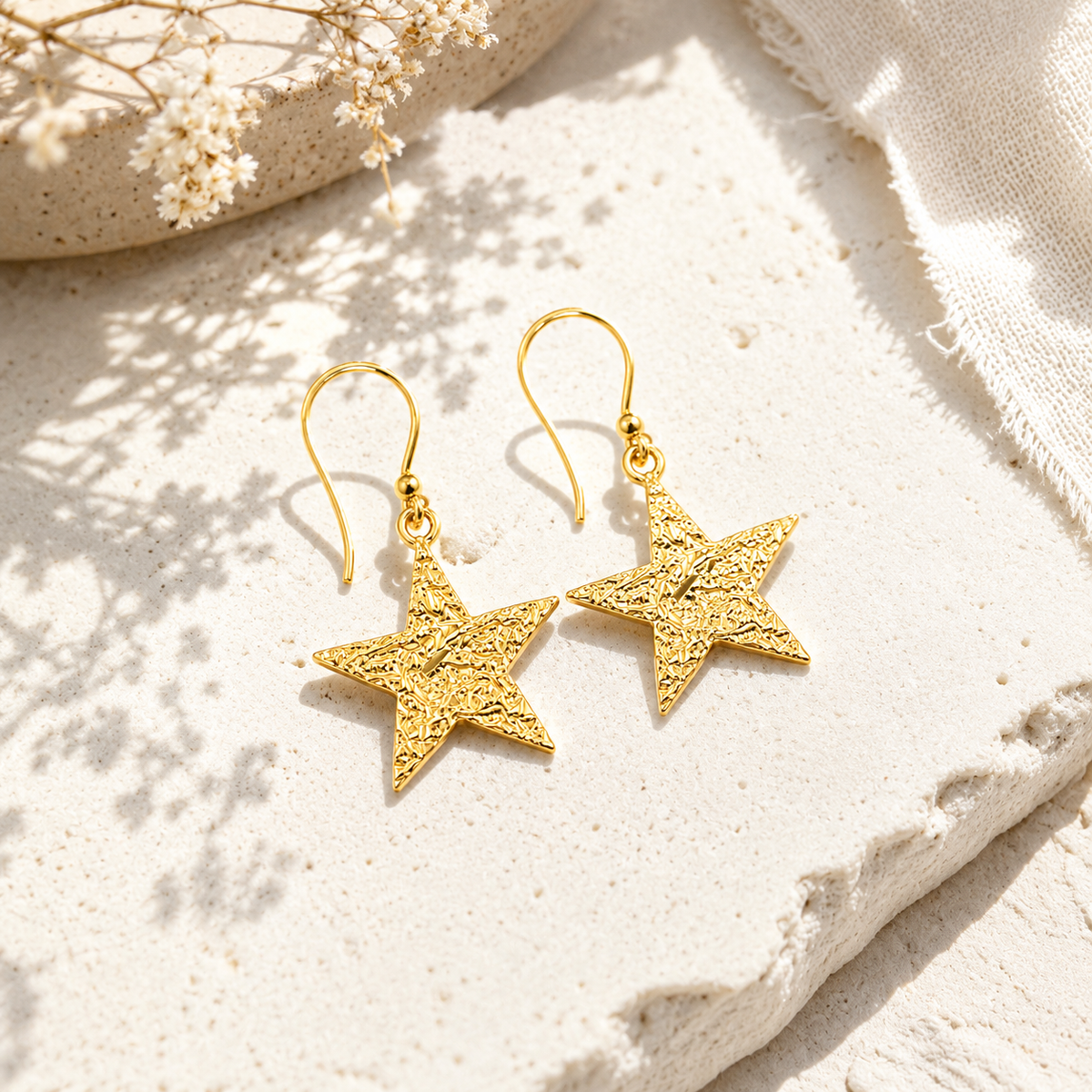 Textured Gold-Plated Brass Star Drop Earrings for Women