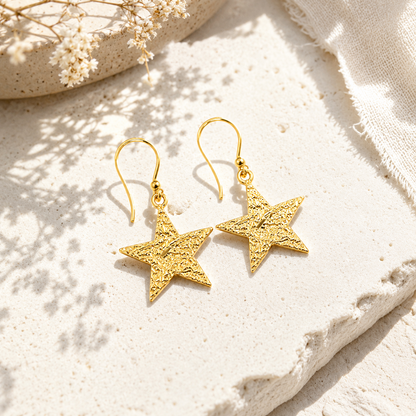 Textured Gold-Plated Brass Star Drop Earrings for Women