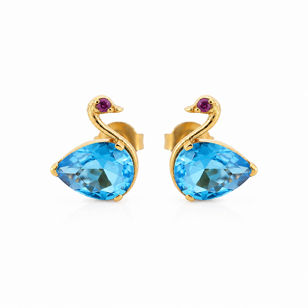 Blue Teardrop Swan Stud Earrings in Brass – Gold Tone Statement Earrings for Women