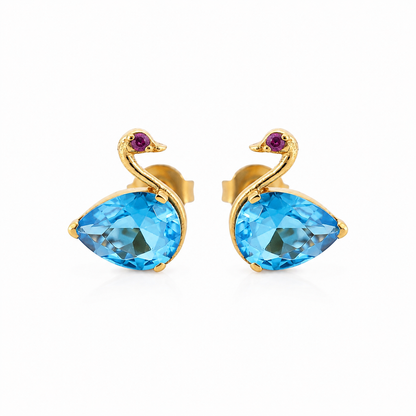 Blue Teardrop Swan Stud Earrings in Brass – Gold Tone Statement Earrings for Women