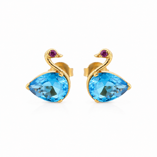 Blue Teardrop Swan Stud Earrings in Brass – Gold Tone Statement Earrings for Women