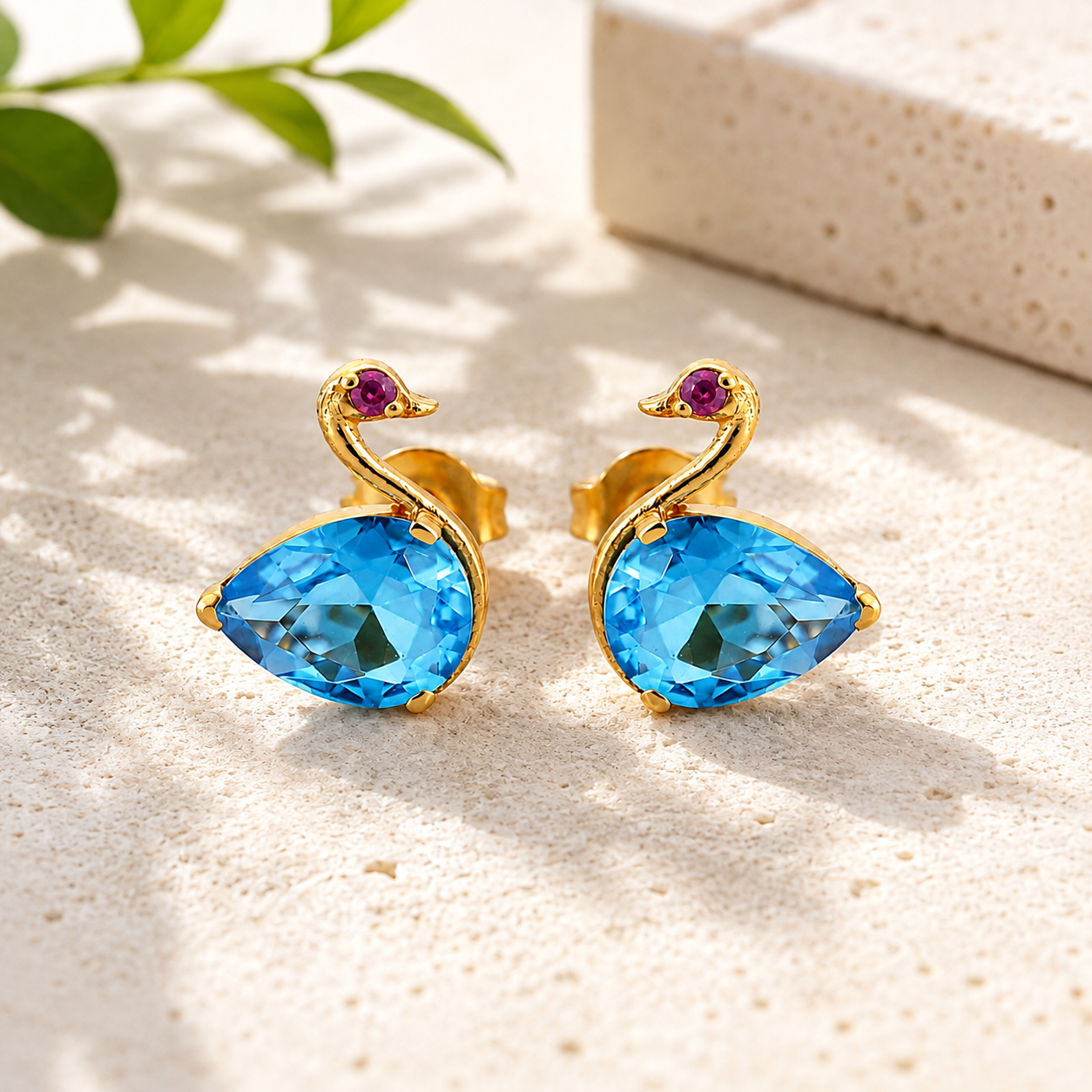 Blue Teardrop Swan Stud Earrings in Brass – Gold Tone Statement Earrings for Women