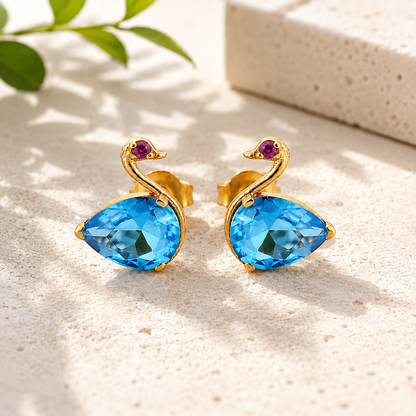 Blue Teardrop Swan Stud Earrings in Brass – Gold Tone Statement Earrings for Women