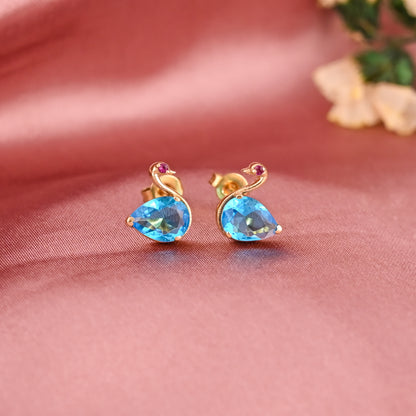 Blue Teardrop Swan Stud Earrings in Brass – Gold Tone Statement Earrings for Women