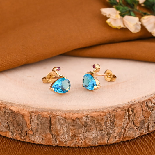 Blue Teardrop Swan Stud Earrings in Brass – Gold Tone Statement Earrings for Women