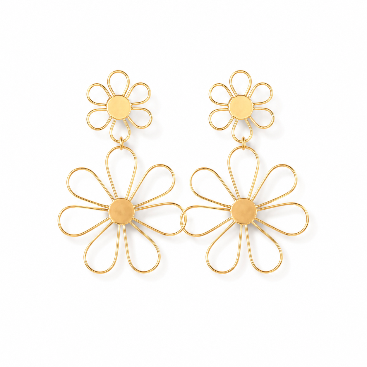 Gold Tone Brass Daisy Flower Drop Earrings – Statement Floral Dangle Earrings for Women