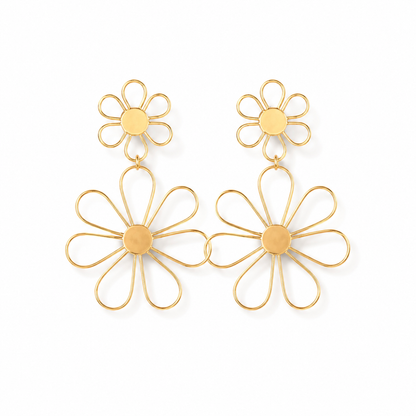 Gold Tone Brass Daisy Flower Drop Earrings – Statement Floral Dangle Earrings for Women