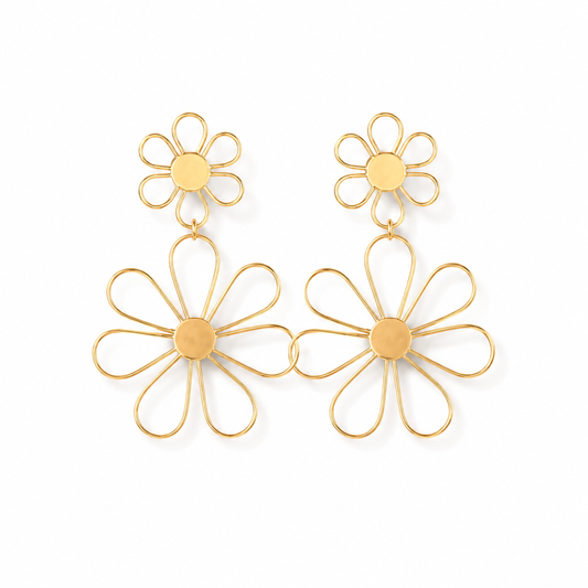 Gold Tone Brass Daisy Flower Drop Earrings – Statement Floral Dangle Earrings for Women