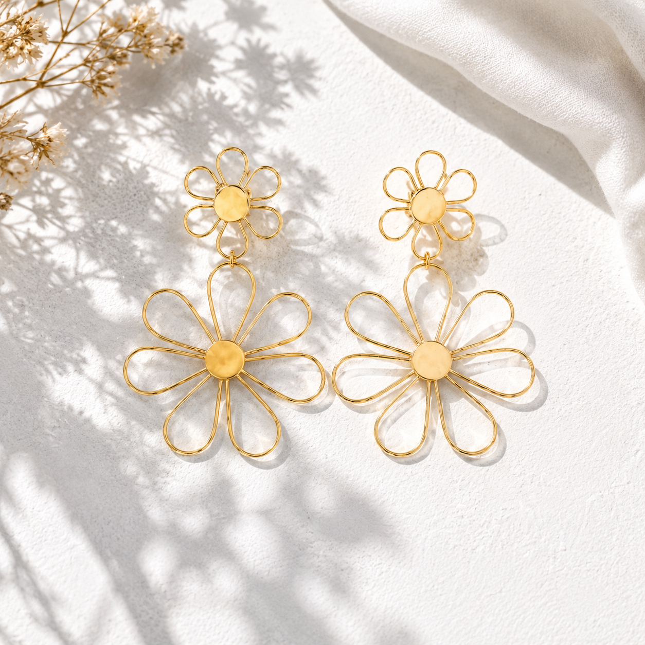 Gold Tone Brass Daisy Flower Drop Earrings – Statement Floral Dangle Earrings for Women