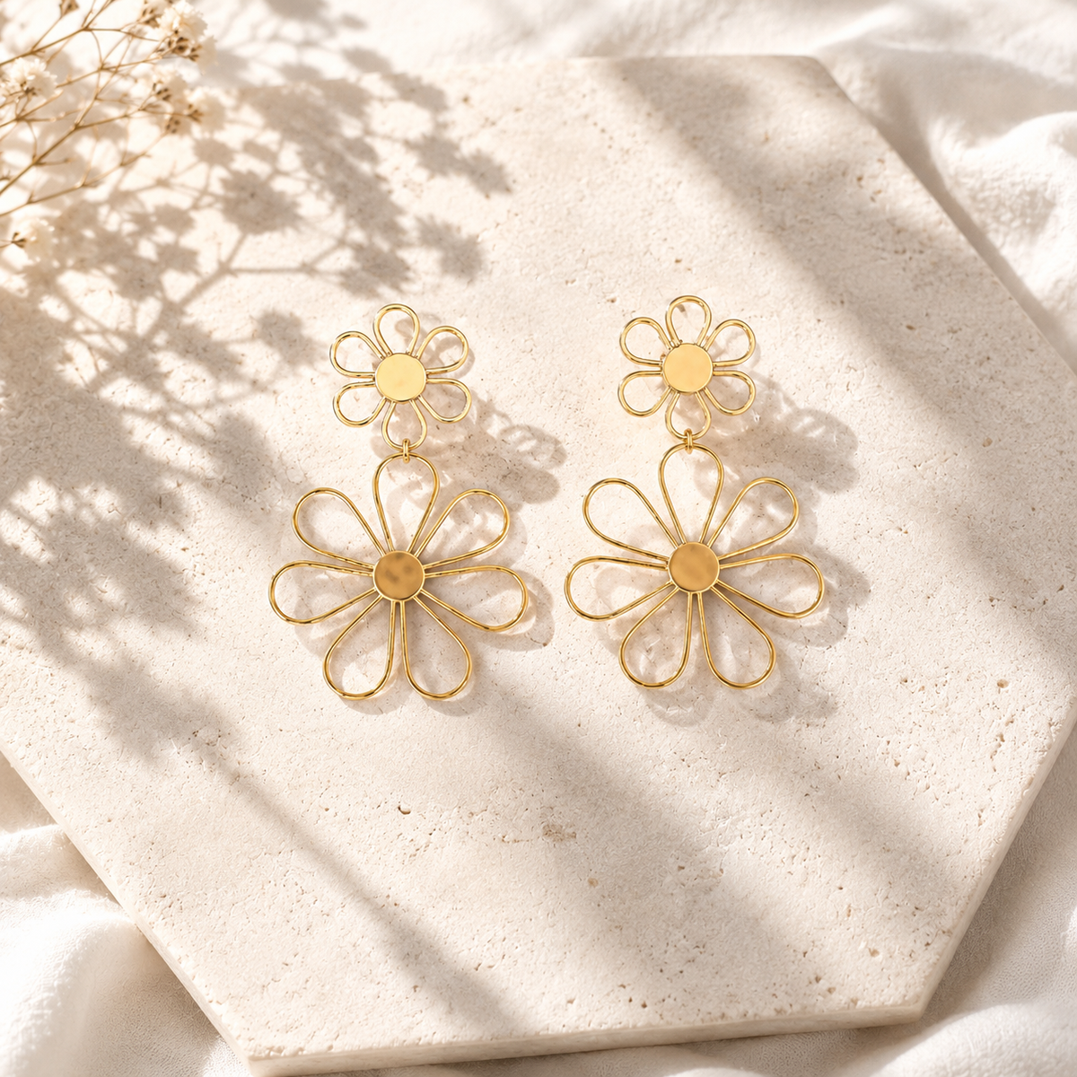 Gold Tone Brass Daisy Flower Drop Earrings – Statement Floral Dangle Earrings for Women