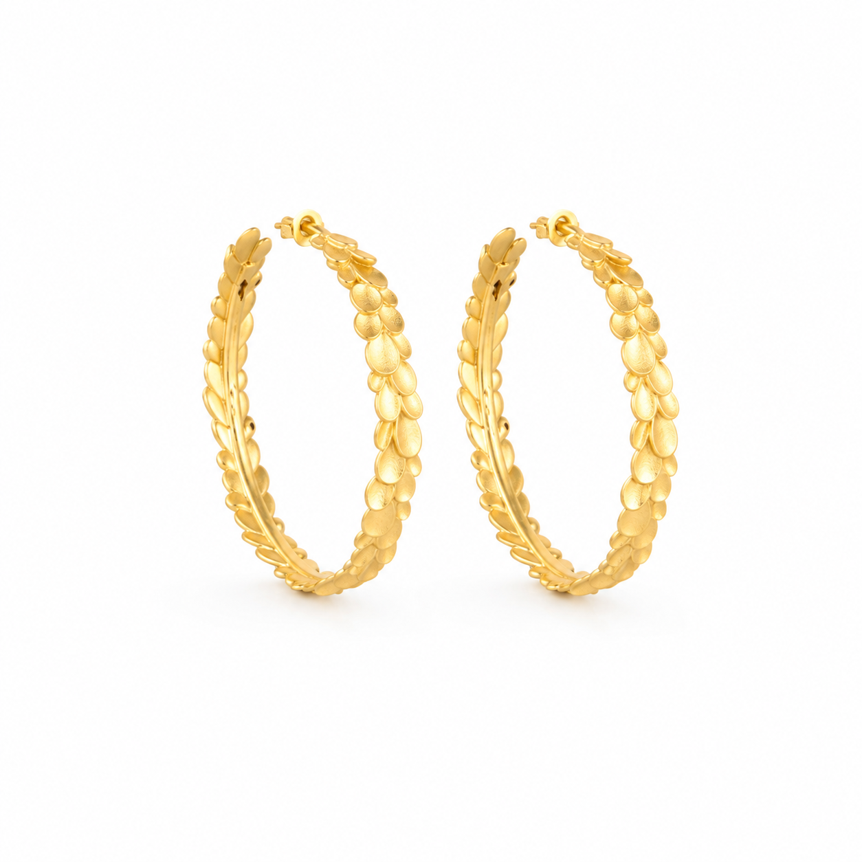 Gold-Tone Brass Textured Leaf Hoop Earrings for Women – Statement Hoops