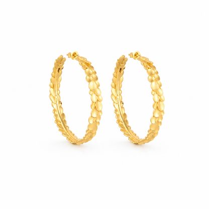 Gold-Tone Brass Textured Leaf Hoop Earrings for Women – Statement Hoops
