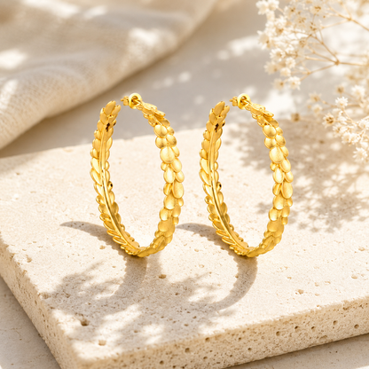 Gold-Tone Brass Textured Leaf Hoop Earrings for Women – Statement Hoops