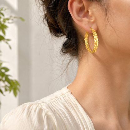 Gold-Tone Brass Textured Leaf Hoop Earrings for Women – Statement Hoops