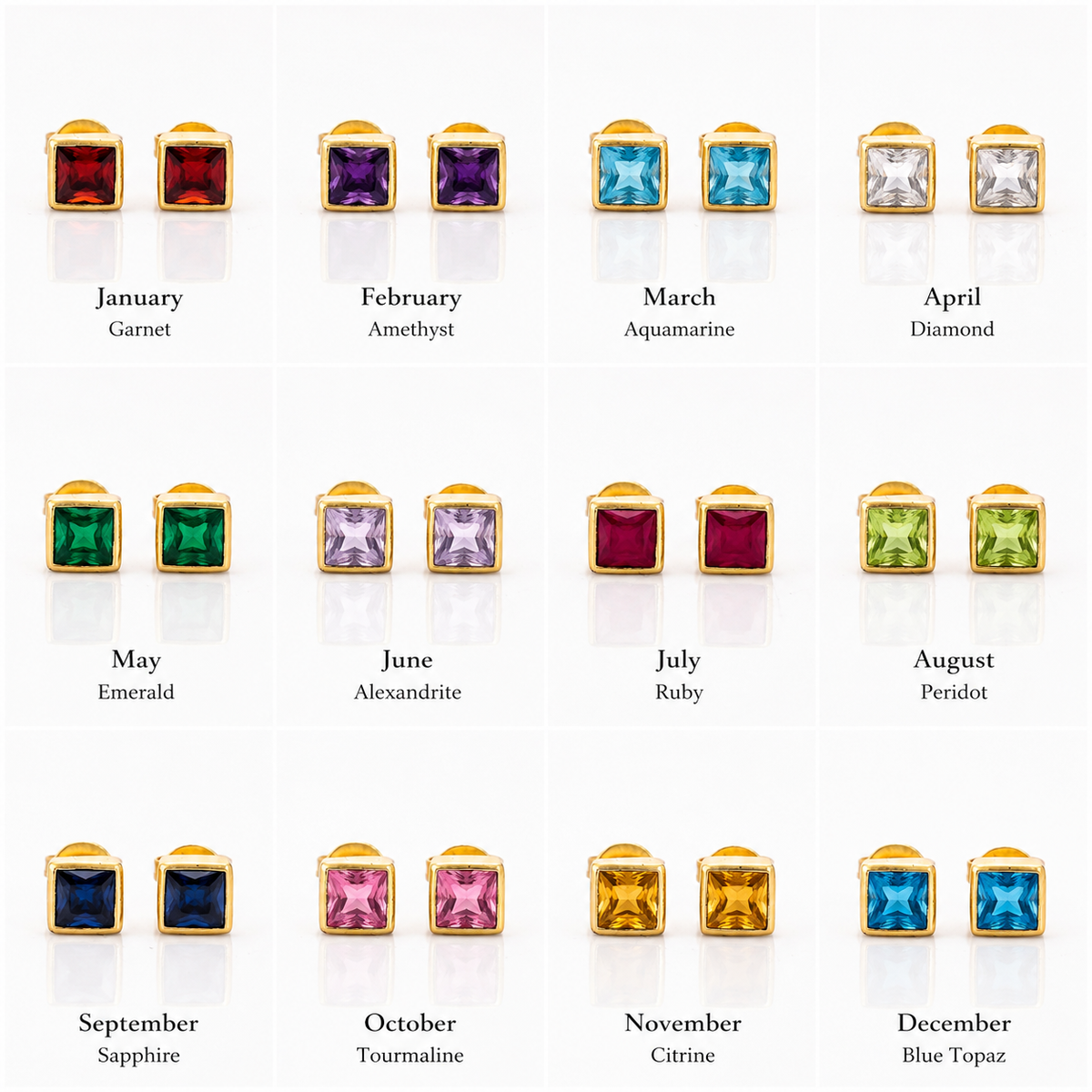 Personalized Birthstone Square Stud Earrings – 12 Month Gemstone Gold Plated Earrings