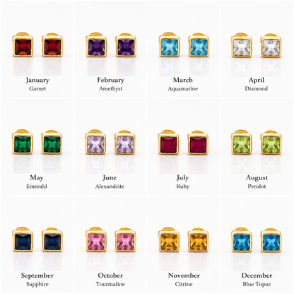 Personalized Birthstone Square Stud Earrings – 12 Month Gemstone Gold Plated Earrings