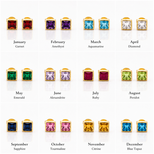Personalized Birthstone Square Stud Earrings – 12 Month Gemstone Gold Plated Earrings